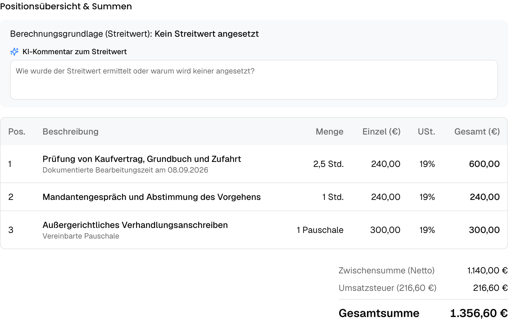 Zeitpositionen und eine Pauschale sind dem Mandat Winter zugeordnet; JustizPro berechnet die Summen.