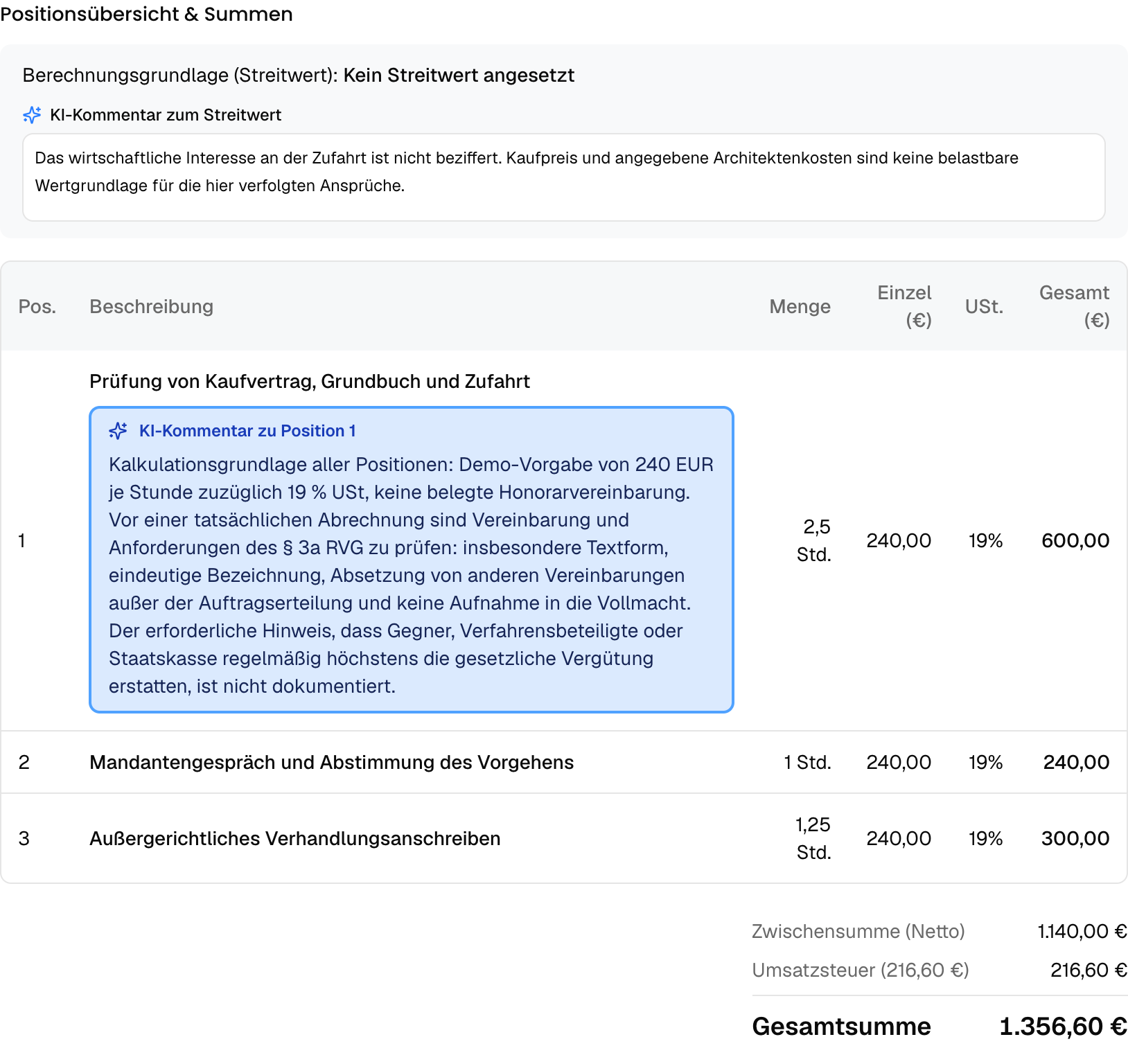 KI-Rechnungsvorschlag mit Zeitpositionen, Berechnungsgrundlage und Hinweisen zur Prüfung.