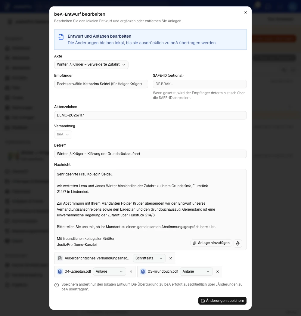 Empfängerin, Aktenzeichen und drei Anlagen sind im Nachrichtenentwurf zusammengeführt.