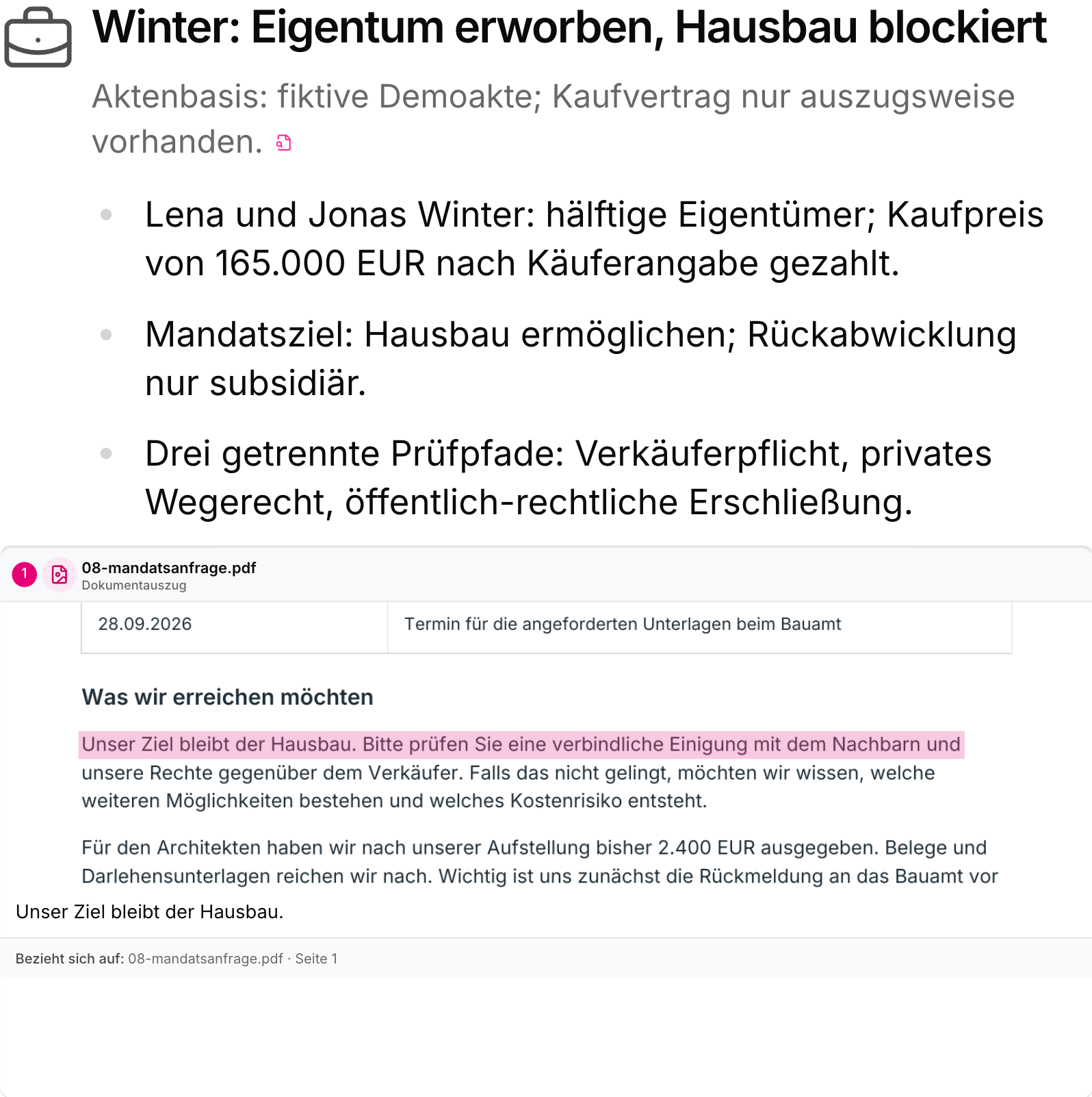 Die Präsentation verbindet die Ersteinschätzung mit anklickbaren Belegen und einem markierten Originalauszug.