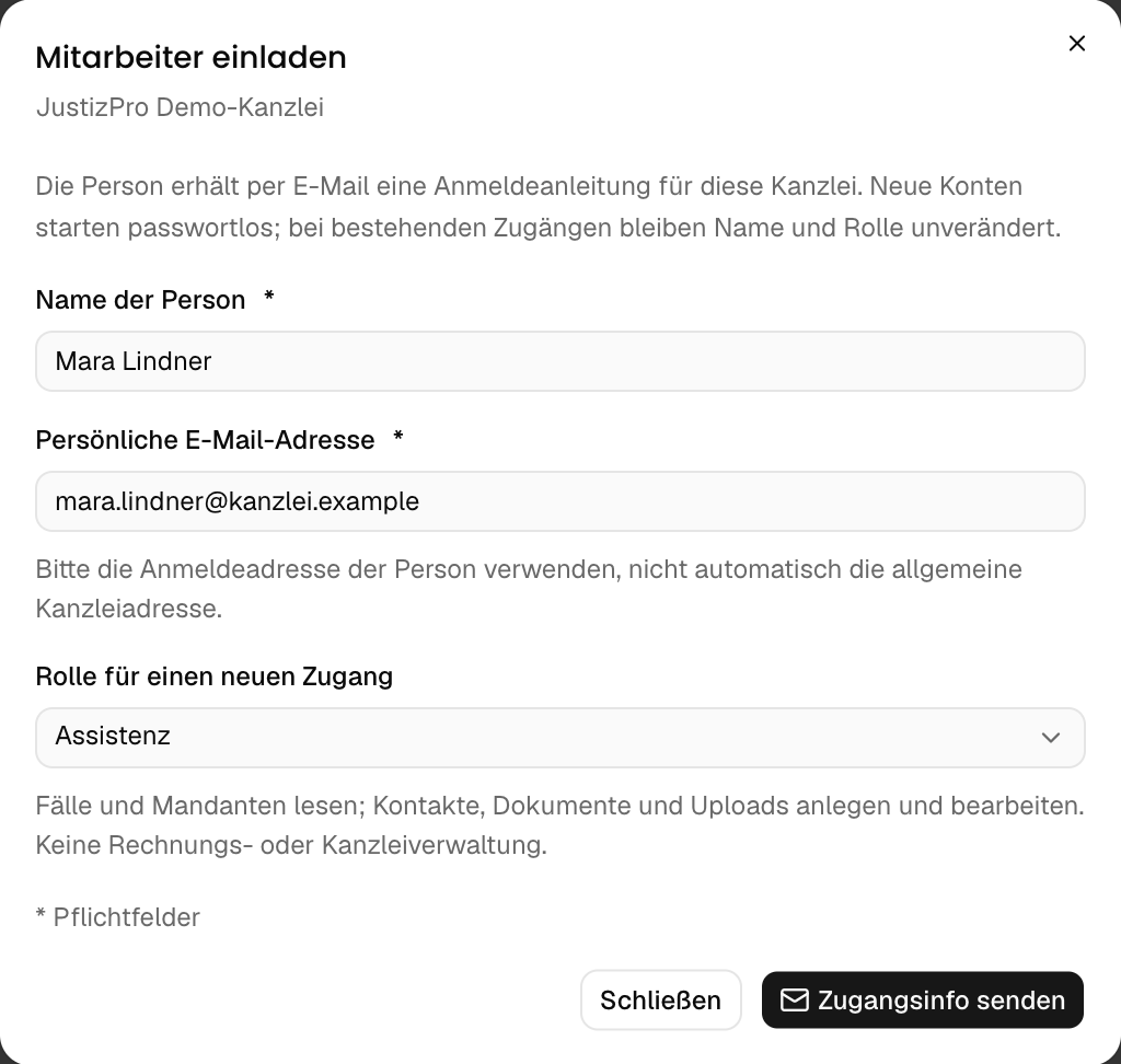 Die Rolle Assistenz beschreibt den Zugriff für die Mitarbeit an Akten und Dokumenten.